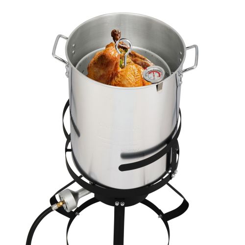 30QT Turkey Pot, 10QT Fish Pot, Four Piece Set, Black Circular Iron Frame, Silver Aluminum Pot, Gas Fryer 30QT Turkey Pot, 10QT Fish Pot, Four Piece Set, Black Circular Iron Frame, Silver Aluminum Pot, Gas Fryer