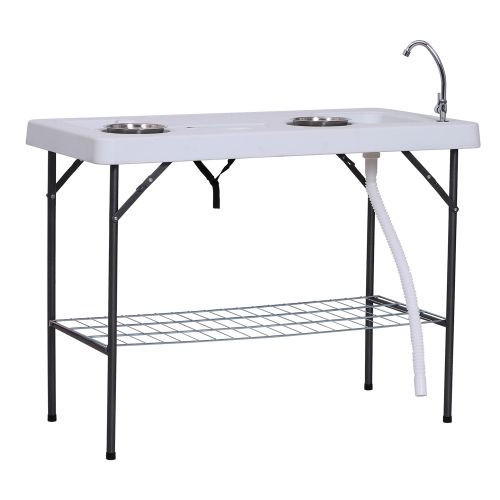 Outsunny Folding Fish Cleaning Table with Sink, Portable Camping Table with Faucet Drainage Hose, Grid Rack and Fish Cleaning Kit for Picnic, Fis